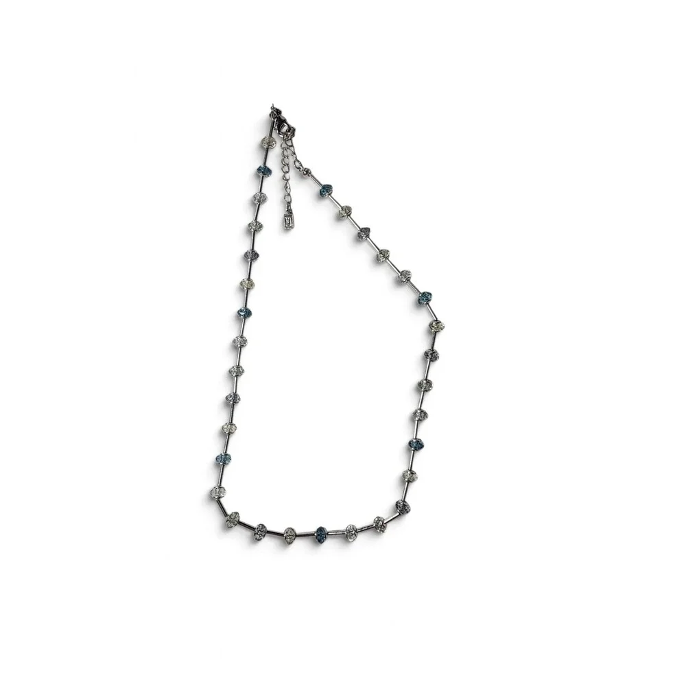 Vintage FI Signed Crystal Station Necklace Blue Clear Faceted Bead Bar Links Y2K